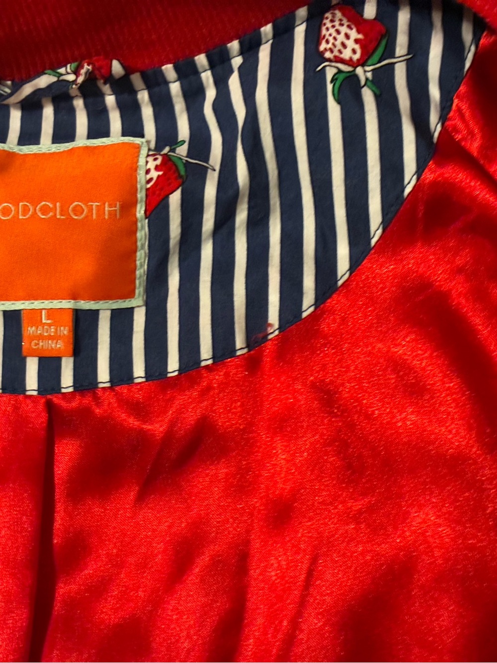 ModCloth Navy & Red Striped Bomber Jacket with Strawberry Print - Picture 3 of 6